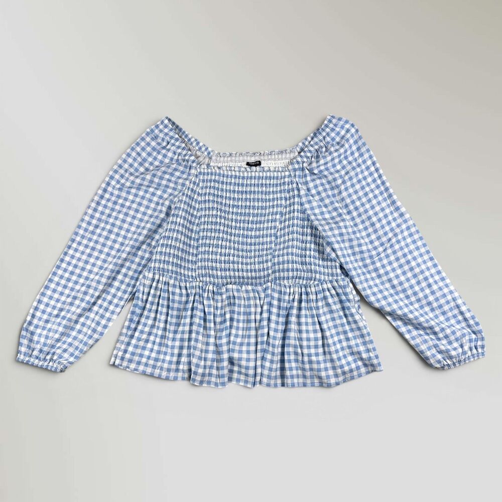 NWT Torrid Smocked Bodice Blouse Long Sleeve Top Blue White Gingham Plaid Sz 4X